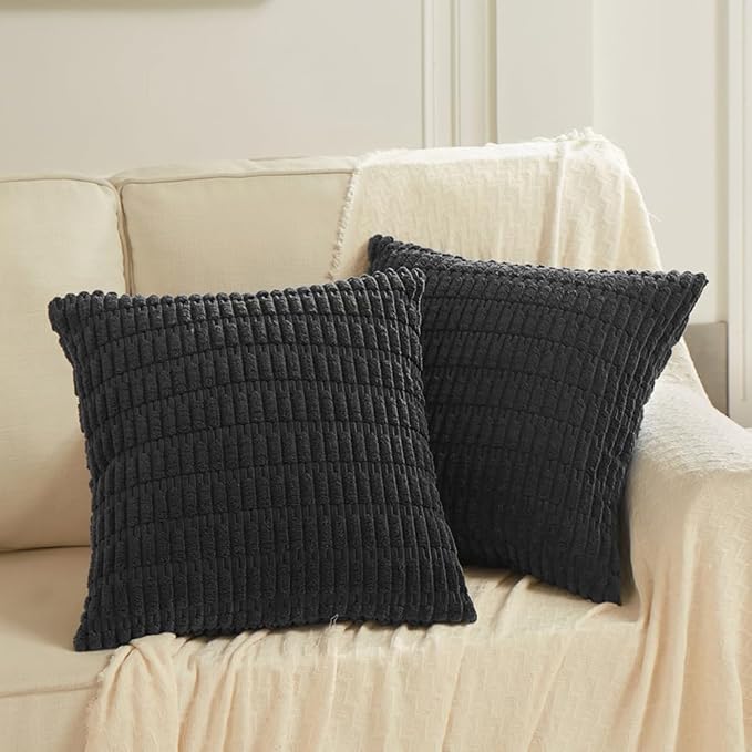 Fancy Homi 4 Packs Boho Black Decorative Throw Pillow Covers 18x18 Inch for Living Room Couch Bed Sofa, Rustic Modern Farmhouse Home Decor, Soft Plush Corduroy Cute Square Cushion Case 45x45 cm