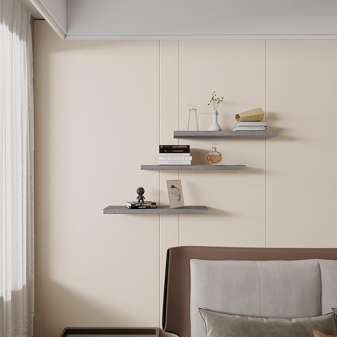 Floating Shelves 24 Inch Wall Shelf Solid Wood Mounted Storage for Bedroom Living Room Set of 3, Rustic Grey Wall Shelves