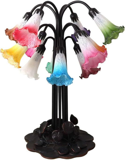 Bieye L10952 Lily Flower Blown Glass Accent Table Lamp for Living Room Bedroom Decoration (Multicolor, 12-Light)