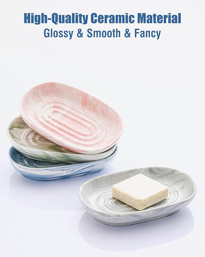Handcrafted Fancy Ceramic Soap Dish, Decorative Soap Holder with Unique Marble Textures, Multi-Purpose Soap Bar Holder for Bathroom & Kitchen, Non-Slip & Waterproof (Pink Texture)
