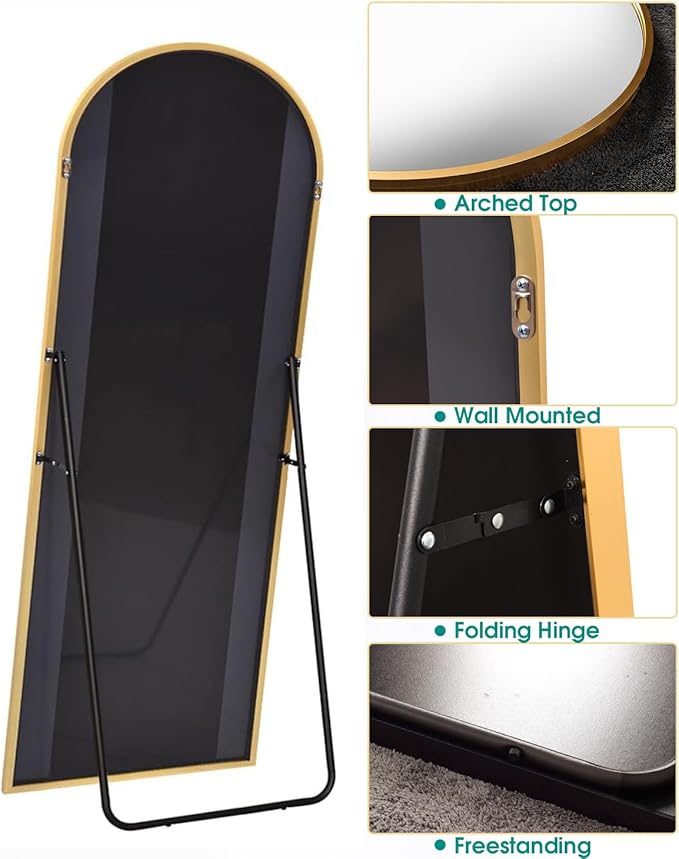 Arched Full Length Mirror, 30" x 71" Oversized, Freestanding or Wall Mounted for Bedroom, Gold