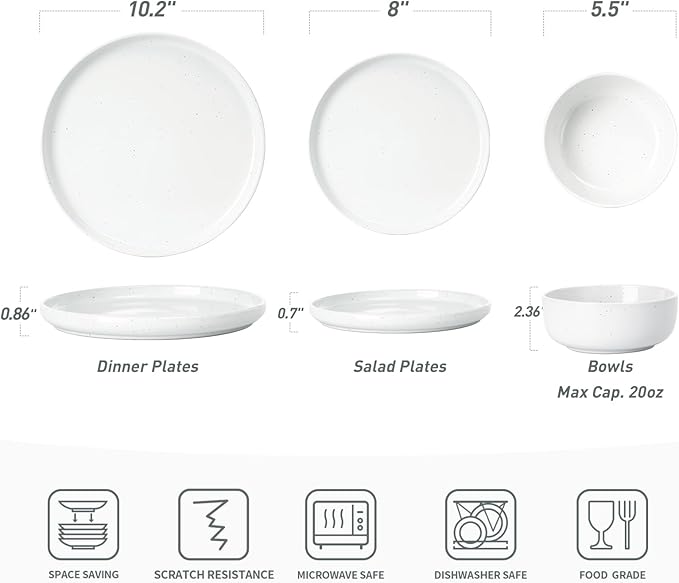 Famiware Dawn Plates and Bowls Sets, 12 Pieces Stoneware Dinnerware Sets, Dishes Set for 4, Microwave and Dishwasher Safe, White