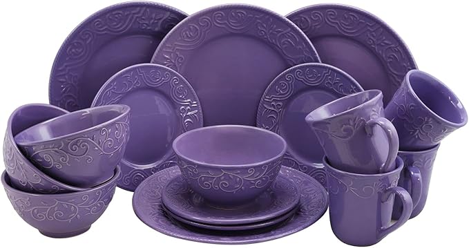 Elama Embossed Stoneware Elegant Round Dinnerware Dish Set, 16 Piece Set, Lilac Purple