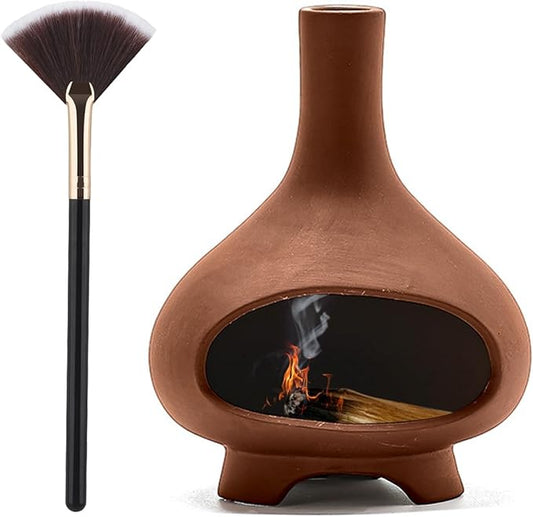 Palo Santo Holder Handmade Ceramics Incense Burner Chimney Dish Smudge Bowl for Palo Santo Sticks Sage Bundles with Brush(Brown) (Combustion Furnace)