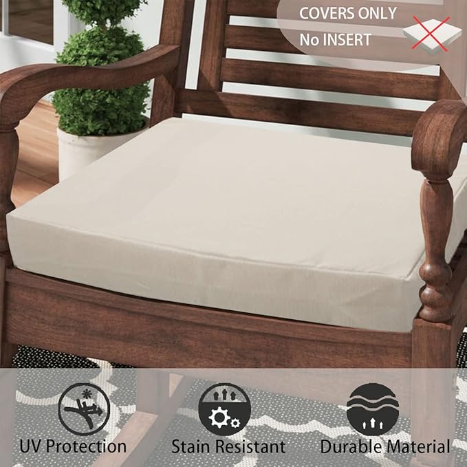 FUNHOME Outdoor Cushion Covers 24 x 24 x 4 inch,Set of 2,Replacement Square Seat Cushion Cover for Patio Furniture Chair,Water Resistant,Fade-Resistant Slipcover Only,No Insert(Light Beige)