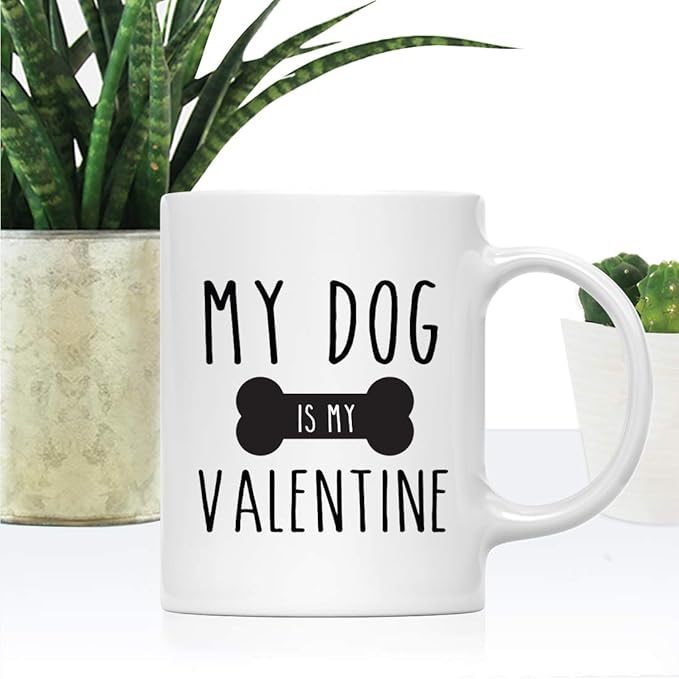 Andaz Press Valentine’s Day Funny 11oz. His Her Couples Coffee Mug Gift, My Dog Is My Valentine, Bone Graphic, 1-Pack, Gift Box