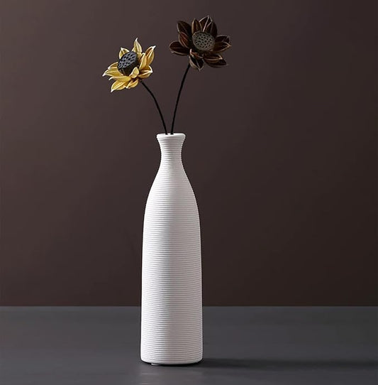 10 Inch White Ceramic Flower Vase, Textured Ribbed Minimalist Decorative Modern Vase for Pampas Grass, Table, Bookshelf, Mantel, and Entryway Home Decor