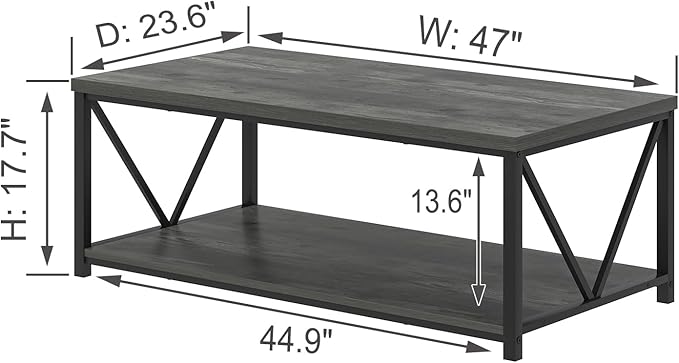 EXCEFUR Coffee Table, Rustic Wood and Metal Living Room Table, Industrial Rectangle Center Table with Storage Shelf, 47 Inch Grey