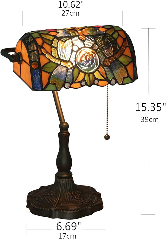 Tiffany Style Bankers Table Lamp Stained Glass Piano Desk Lamp Vintage Bedroom Bedside Lamp for Study,Antique Alloy Base,Zipper Switch,Dragonfly b