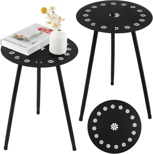 Outdoor Side Table Set of 2 Patio Side Tables for Outside Black End Tables Small Outdoor Table Round Patio End Table Modern Metal Side Table Outside, Patio, Indoor, Bedroom, Living Room, Small Spaces