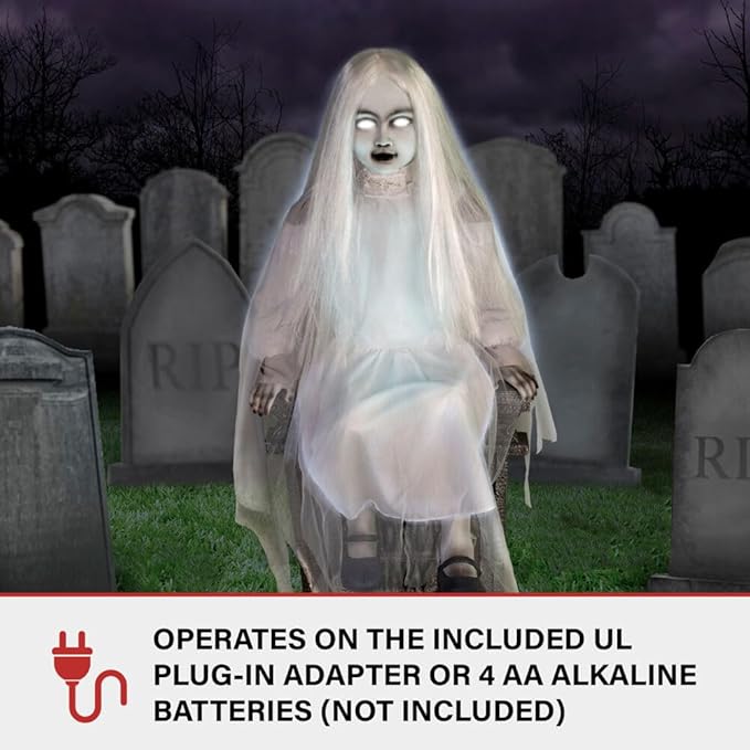 Haunted Hill Farm Motion-Activated Sitting Tombstone Girl by Tekky, Talking Animatronic for Indoor or Covered Outdoor Creepy Halloween Decorations, Plug-In or Battery Operated Prop