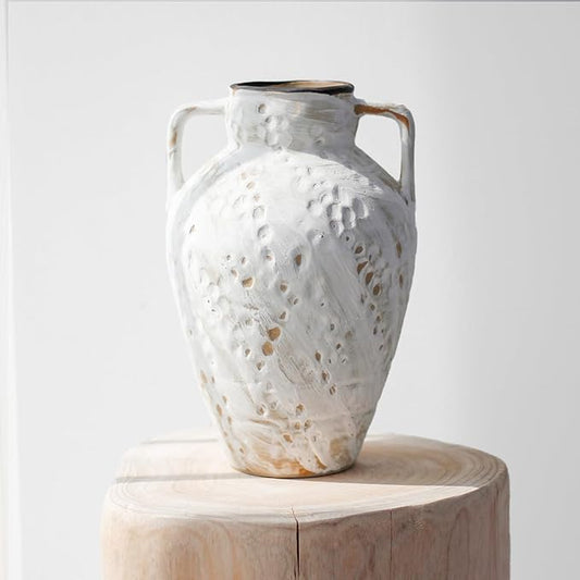 White Ceramic Rustic Vase with 2 Handles,10'' Vintage Farmhouse Stoneware Clay Flower Vase, Boho Pottery Terracotta Handmade Decorative for Home Living Room Kitchen