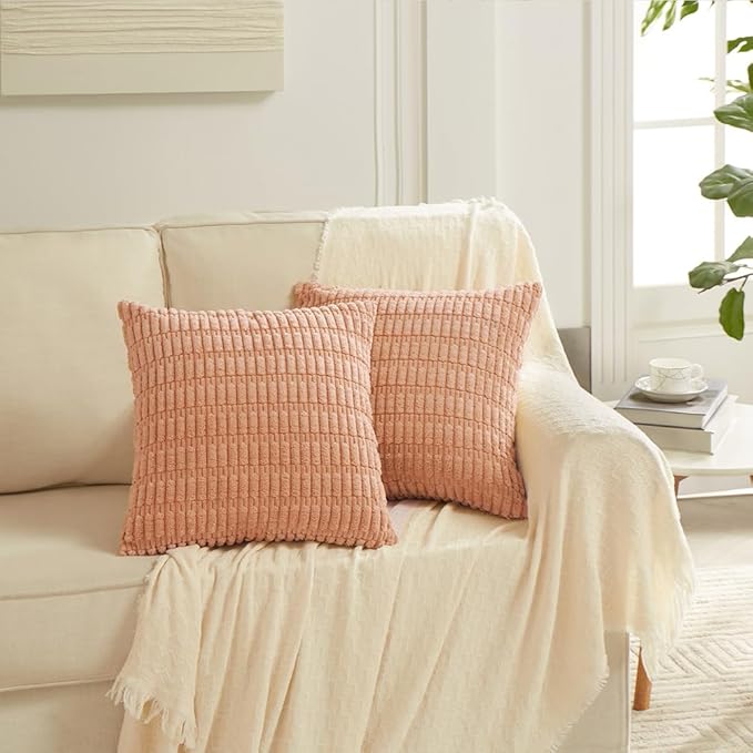 Fancy Homi 4 Packs Peach Decorative Throw Pillow Covers 24x24 Inch for Living Room Couch Bed, Rustic Modern Farmhouse Boho Home Decor, Soft Plush Corduroy Cute Square Accent Cushion Case 60x60 cm