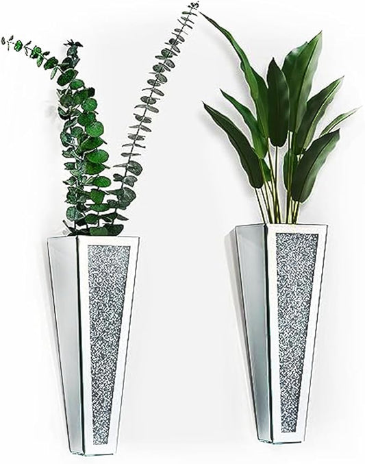 Crystal Wall Vase Hanging Flower-vase - Silver Crushed Diamond Mirrored Container Flower Vase Home Decor for Living Room, Dining Room, Bedroom, Set of 2 （11.2 Inch High） Wittolins