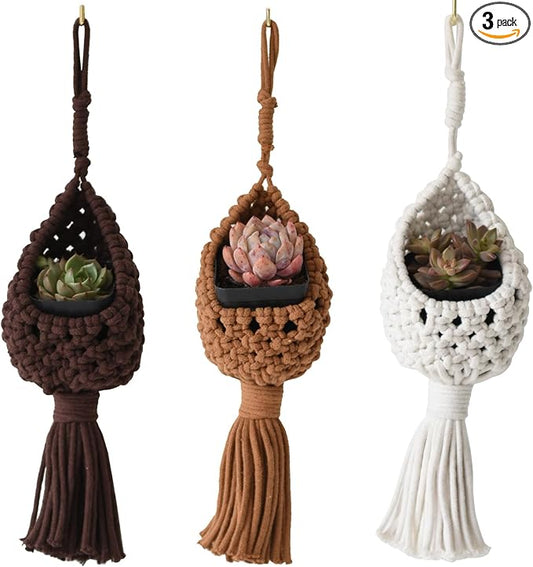 Macrame Basket Decor Set of 3 Boho Basket Decor for Home Macrame Wall Hanging Storage Baskets for Living Room, Bedroom, Entryway Handmade Boho Art, Rustic Home Decor Basket ﻿