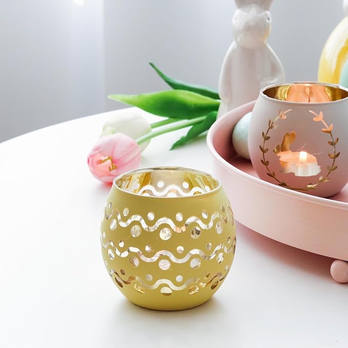 SHMILMH Easter Candle Holders 6PCS, Easter Table Decorations Glass Votive Tealight Candle Holders, Indoor Easter Centerpiece Decorations, Women Adult Easter Gifts
