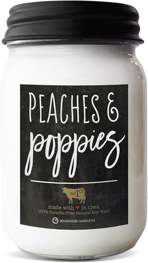 Milkhouse Candle Company, Peaches & Poppies, Farmhouse Collection, Scented Soy Candle, Mason Jar Candle, 13 Ounce