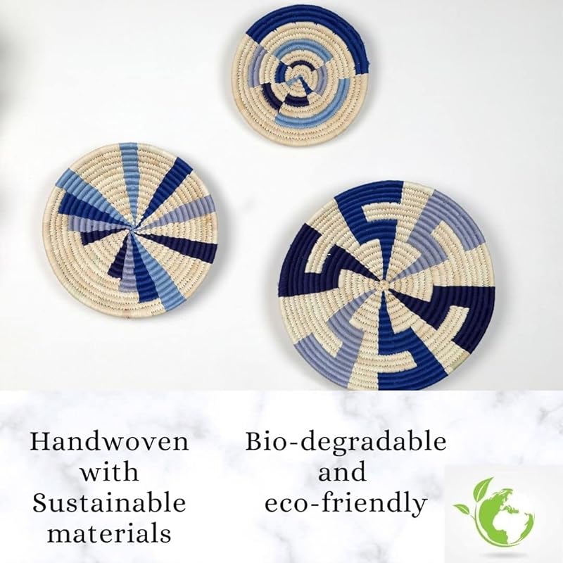 Set of 3 Round Boho Hanging Wall Basket Home Decor for Bedroom, Kitchen, Farmhouse Handmade Decorative Unique Indian Wall Decor Woven Wicker Baskets Christmas Gifting (Blue, Modish)