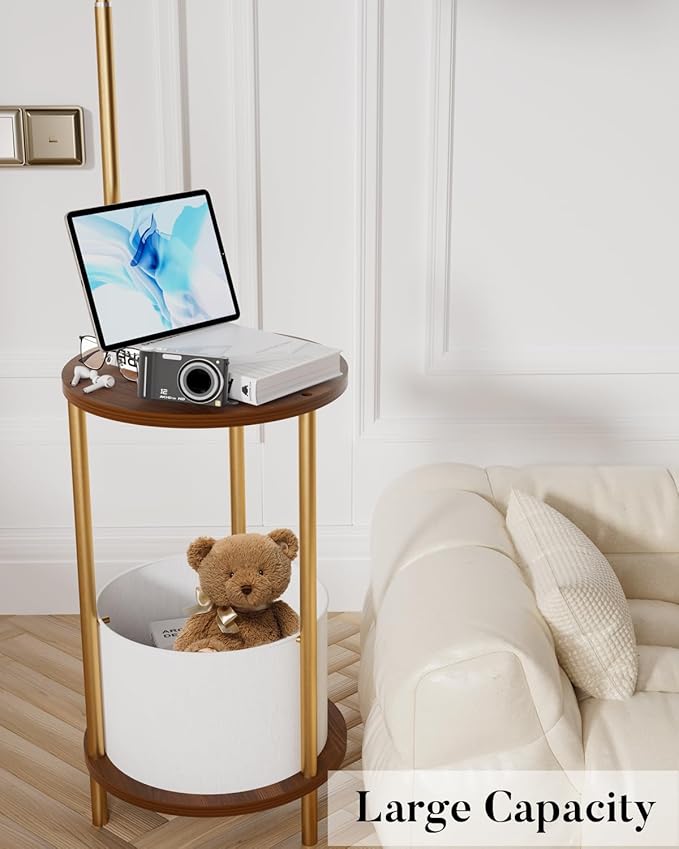 Lightdot Floor Lamp with Shelves, Mid Century Gold Standing Lamps with Bulb and Storage Bag Included, Farmhouse End Table with Lamp Attached for Living Room