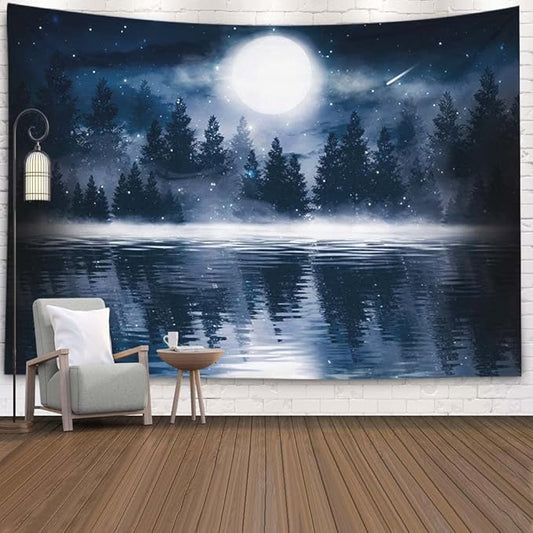 EMMTEEY Moon Tapestry Wall Hanging Dark Forest with Big Moon Moonlight Smoke Shadow Cold Night View Night Sky Tapestry 60X50 Tapestry Outdoor Tapestry