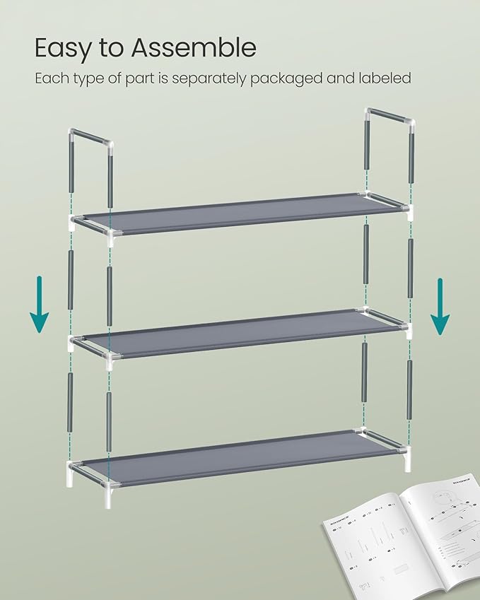 SONGMICS 3-Tier Shoe Rack, Shoe Storage for Hallway Closet, Slim and Space-Saving, Metal Frame, Non-Woven Fabric Shelves, Grey ULSH053G01V1