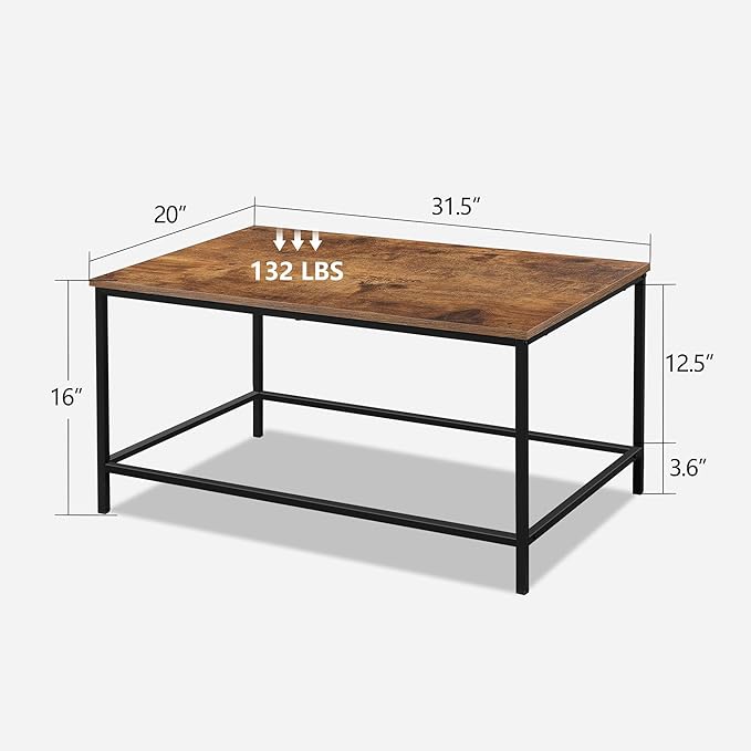 SENIG Small Brown Wood & Metal Rectangular Coffee Table, Modern Industrial Style, Rustic Accent for Living Room, 31.5 x 20 x 16