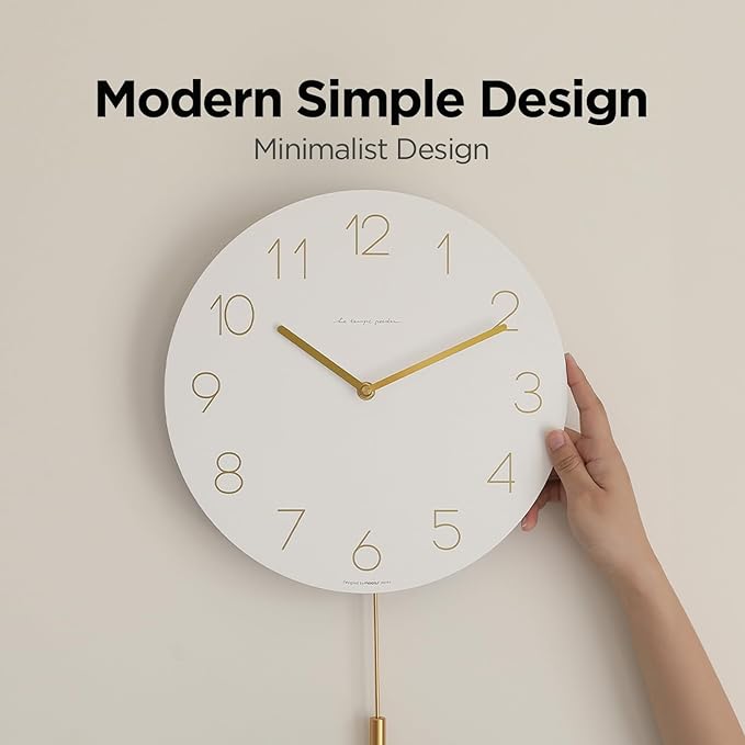 mooas Flatwood Wall Clock Pendulum White,12" Wood Wall Clock Non-Ticking Sweep Movement Decorative Clock Battery Operated Clock for Home Living Room Kitchen Bedroom Office School