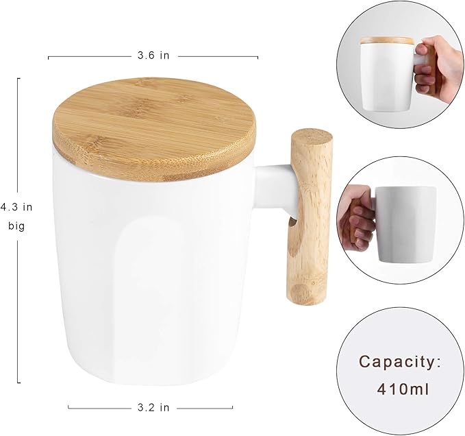 HOWAY Flat Bottom Mug with Wood Lid, Ceramic Tea Cup for Coffee Warmer, Universal, Flat Bottomed, Wooden Handle, 14oz
