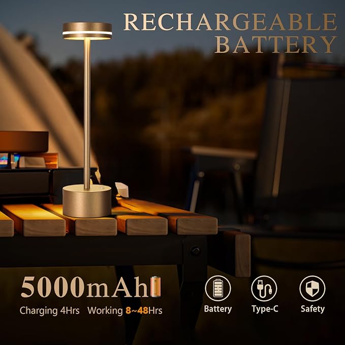 2 Pack Cordless Table Lamp Rechargeable, 3 Way Dimmable Touch Lamp & 5000mAh Long Battery Time, Portable Small Metal Light for Reading/Office/Bedroom/Dining/Nightstand/Desk, Gift for Home Décor – Gold