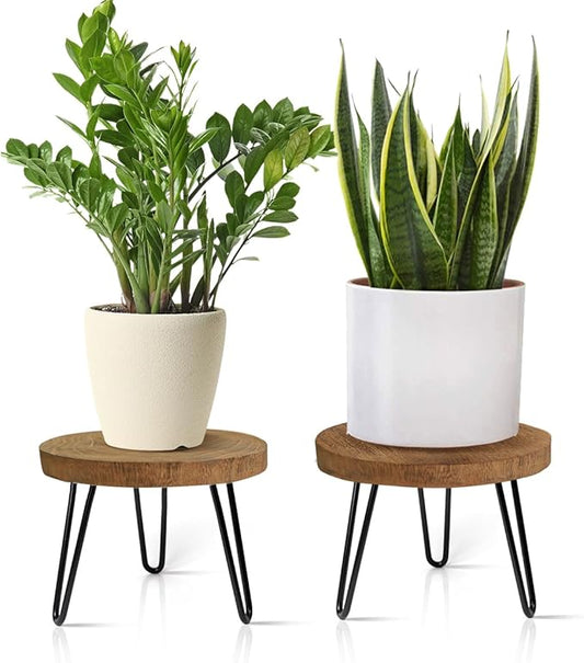 OBTAIN Plant Stand Indoor Outdoor, Wooden plant Stool, Mid Century Plant Stand for Indoor Plants, Wood Modern Plant Holder Rattan Flower, Low Short Boho Rustic Planter Stand Fit 5-15 Inch Pot(M, L)