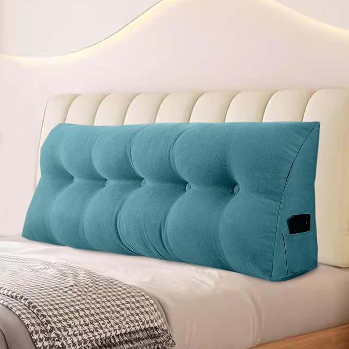 Large Triangular Headboard Pillows Long Backrest Positioning Support Bolster Cushion for Daybed Fluffy Quality Plush Body Wedge Pillow with Removable Cover(Light blue-Queen-59x8x20in)
