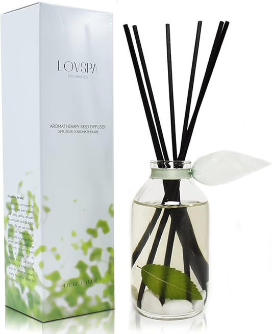 LOVSPA Zen White Tea & Ginger Reed Diffuser Set - Citrus, Geranium & Sandalwood Scent Diffuser - Non-Toxic Oil Reed Diffuser - Made in The USA