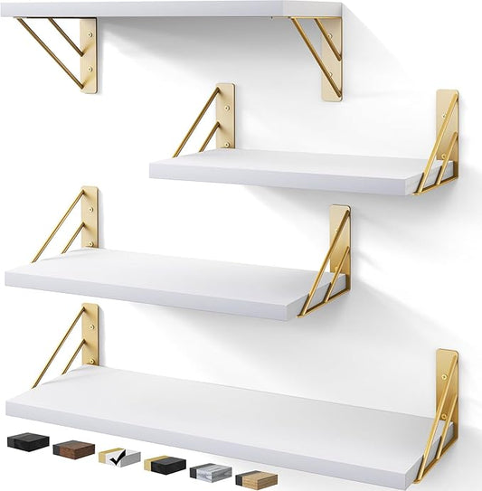 BAYKA Wall Shelves for Bedroom Decor, Floating Wall Shelves for Living Room Kitchen Storage, Wall Mounted Rustic Wood Shelves for Kids Books, Corner Shelf for Bathroom(White and Gold，Set of 4)