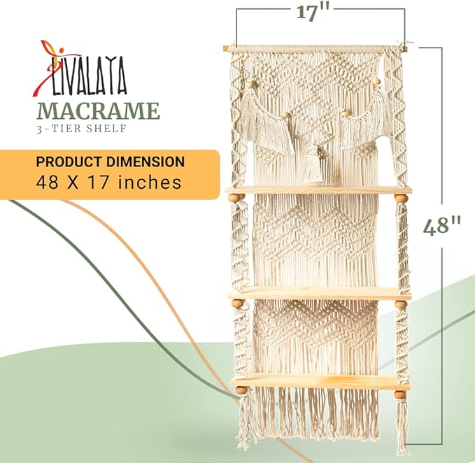 LIVALAYA 3 Tier Macrame Wall Hanging Shelf for Boho Hanging Wall Decor Shelves for Bedroom Bathroom, Nursery Bohemian Shelf for Cute Indoor Plants, Farmhouse Woven Rope Picture Holders