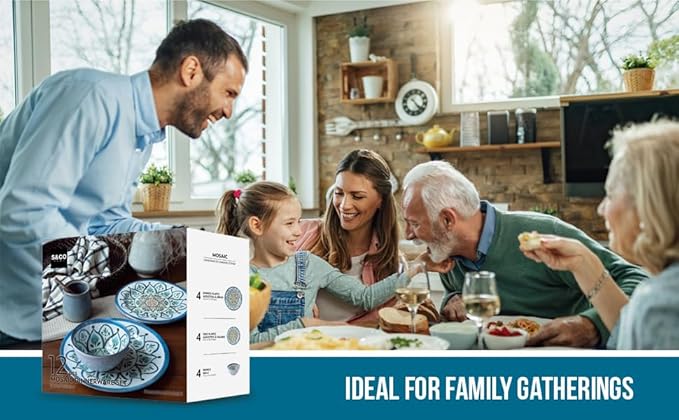 Melamine Dinnerware Sets, Service for 4. Unbreakable Dishes. Scratch Resistant Melamine Ware. Plates and Bowls. Dishwasher Safe Platos De Melamina Mosaic Design. Beautifully Packaged Gift Box