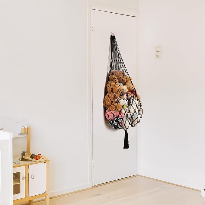 Stuffed Animal Hammock Corner Hanging Net for Stuffy Animal Storage Macrame Toy Display Plushie Toy Holder-Perfect for The Tiny Space Walls, Kid Bedroom Decor Playroom Organizer (Black)