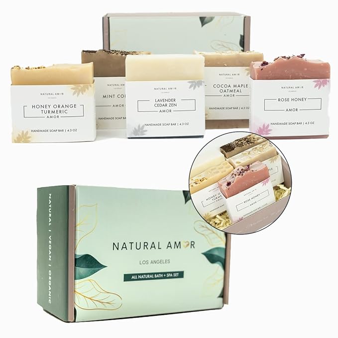 Natural Amor All Natural Bar Soap Set (5 Pack), Shea Butter Enriched, Gentle Bar for All Skin Type, Essential Oils Scented, Handmade Soap Gift Set For Women & Men