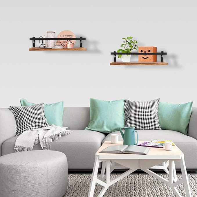 Floating Shelves,Wall Mounted Shelf for Kitchen,Living Room,Bedroom,Bathroom Storage,Rustic Wood,Set of 2(Carbonized Black)