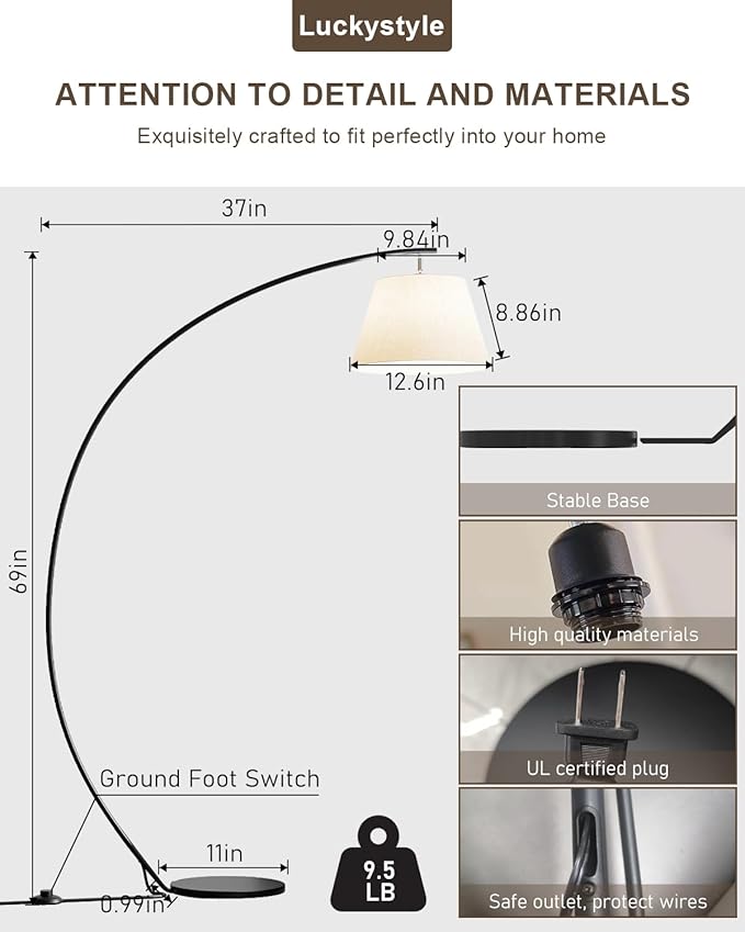 luckystyle Arc Floor Lamps for Living Room,1200LM Super Bright 69 Inch Extra Tall Floor Lamp with 12W E26 LED Bulb,Adjustable Hanging Lamp for Bedroom with Foot Switch Black