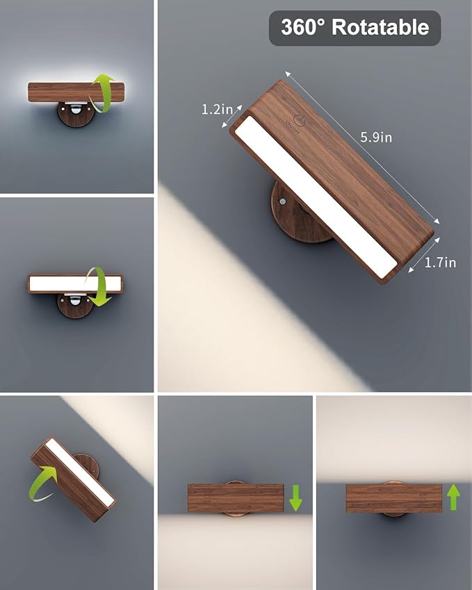 YiLaie Wall Sconces Battery Operated Set of 2,Rechargeable Wall Sconce for Bedroom,Wireless Wall Lights Dimmable,Wood Wall Lights with 360 Rotation,Peel and Stick Wall Sconces for Bedroom Bedside