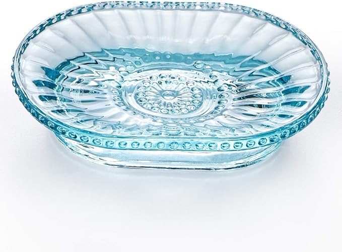 MDLUU Glass Soap Dish, Embossed Bar Soap Holder, Decorative Soap Saver Tray, Vintage Bar Soap Dish for Shower, Bathtub, Bathroom Sink, Kitchen Sink, Pack of 2 (Blue)