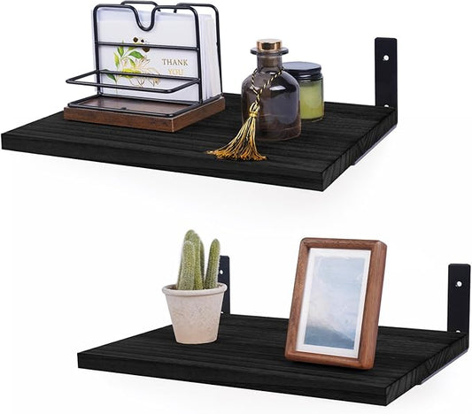 Floating Shelves for Wall,12 Inch Deep Floating Shelf with Brackets，Wood Wall Shelves，Wall Mounted Bookshelf for Living Room,Bedroom,Kitchen,Office,Storage and Display Shelf Set (Black)