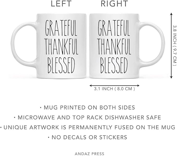Andaz Press Simple Rustic Farmhouse Kitchen Decor 11oz. Ceramic Coffee Tea Mug, Grateful Thankful Blessed, 1-Pack, Includes Gift Box, Minimalist Birthday Idea