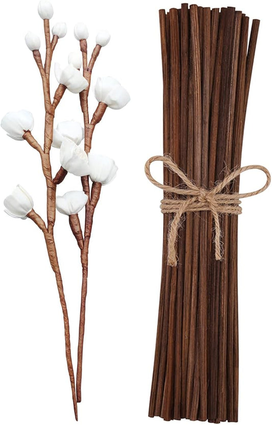 100pcs Brown Natural Reed Diffuser Sticks add 2 Pcs 13inch Sola Flowers 10 Inch Natural Rattan Wood Sticks Aromatherapy Sticks Replacements Stick