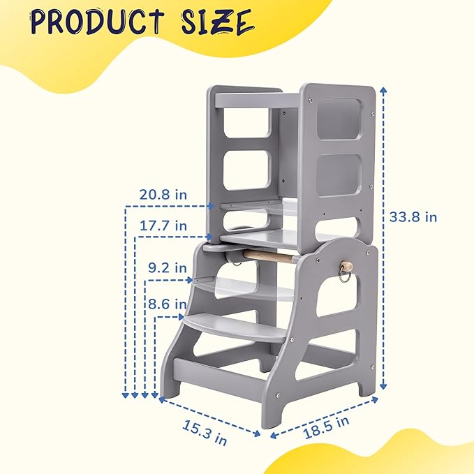 3 in 1 Toddler Tower, Children Step Stool Standing Tower for Kitchen with Adjustable Platform, Non-Slip Strips, Safety Rail (Gray)