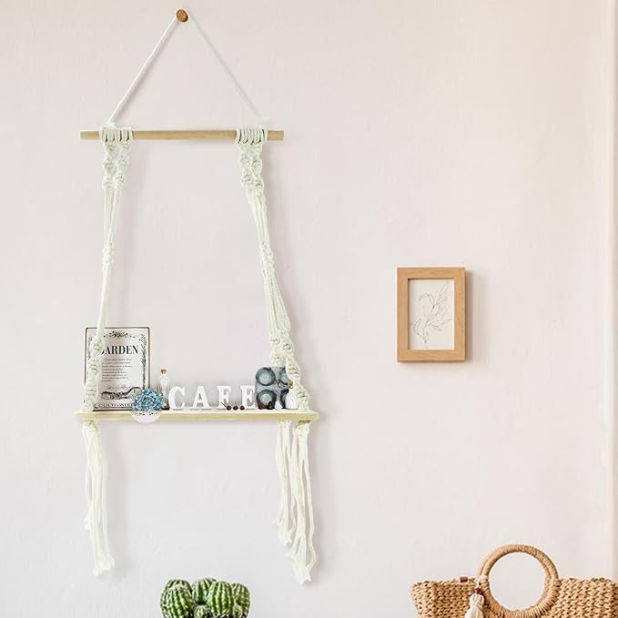 Floating Shelves, Macrame Wall Hanging Boho Decor Wall Shelf Wood Storage Shelves Plant for Wall Decor Hanging Shelf for Bedroom Bathroom Living Room