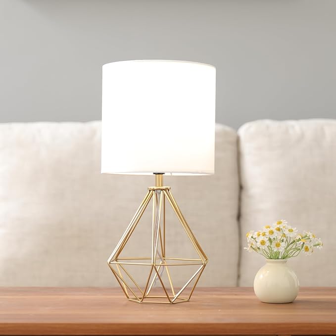 COTULIN Gold Modern Small Table Lamp for Bedroom & Living Room - Geometric Metal Base, White Fabric Shade, Ideal for Bedside & Kids' Desk, Nightstand Lamp