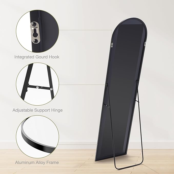 Sweetcrispy 59"x16" Arched FFull Length Mirror, Standing or Leaning Full Body Mirror with Aluminum Alloy Thin Frame, Suitable for Bedroom or Cloakroom,Black