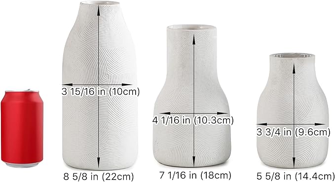 Ceramic Vases for Home Decor - Matte White Textured Vase Set of 3, Decorative Vases for Flowers, Pampas Grass Arrangement, Table Centerpieces, Office and Living Room Boho Decor