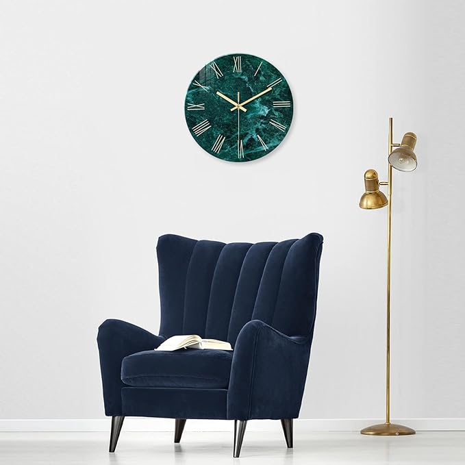 Teal Glass Wall Clock Battery Operated 20 Inch Large Wall Clocks for Living Room Decor Marble Minimalist Wall Clock Silent